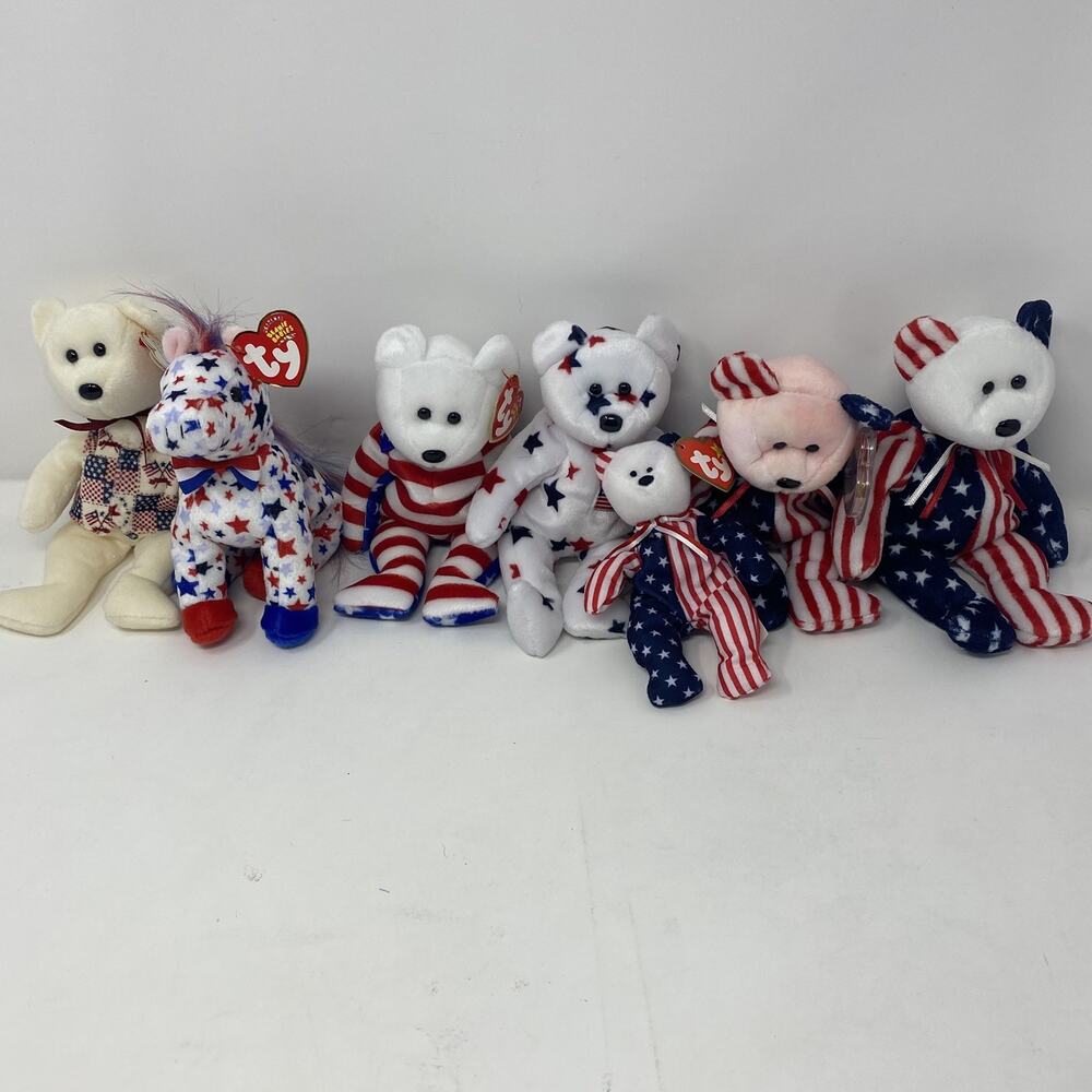 Lot of 7 Vtg Ty Beanie Babies 4th July American Flag Themed